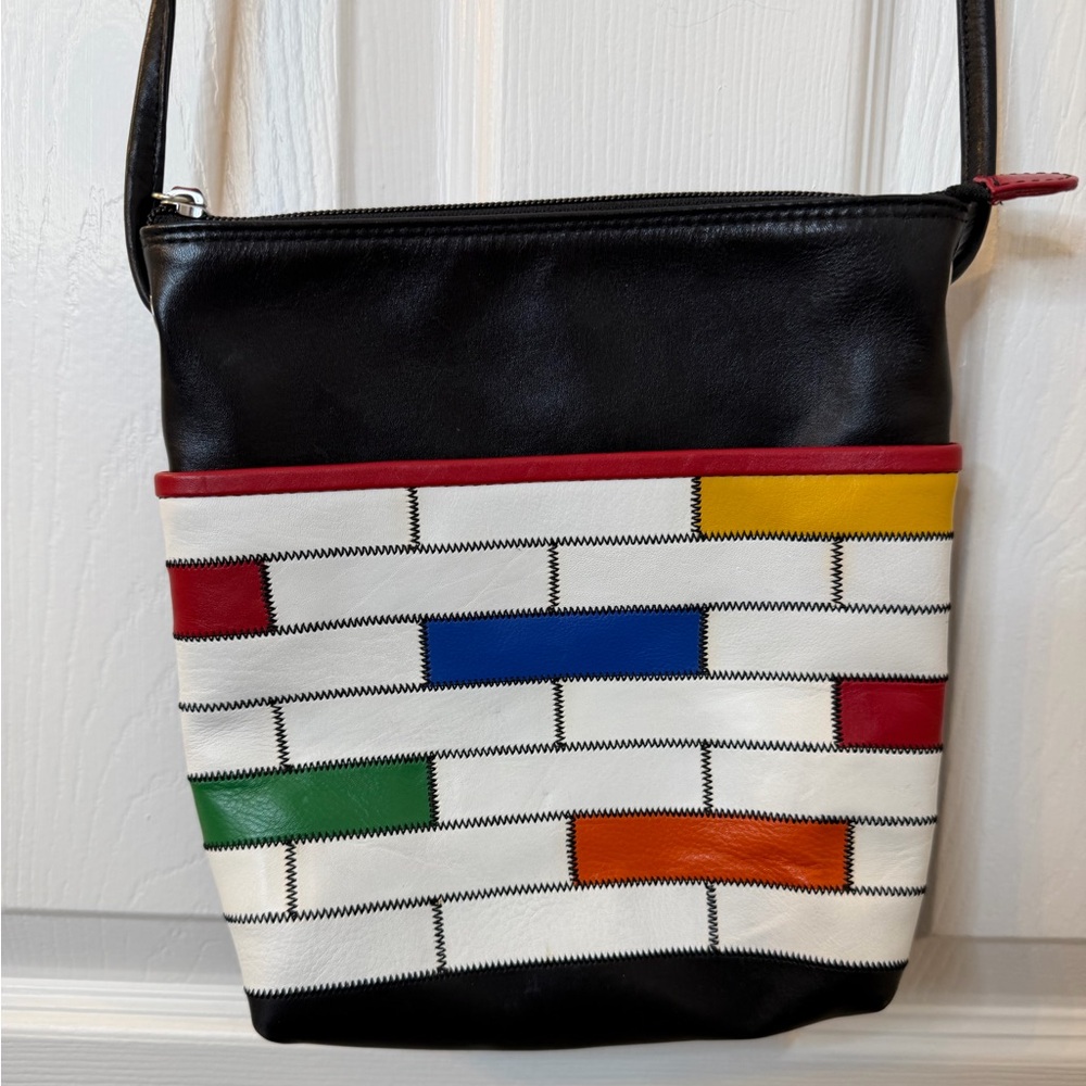 Black Leather Crossbody Bag with Multicolor Brick Inlay